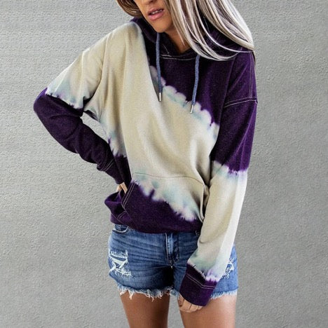 Tie Dye Color Block Drawstring Long Sleeve Hoodie Pullover