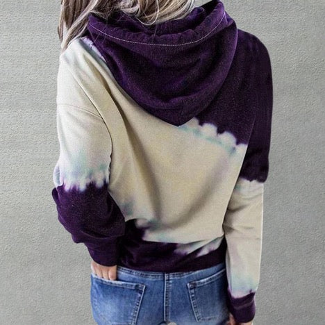 Tie Dye Color Block Drawstring Long Sleeve Hoodie Pullover