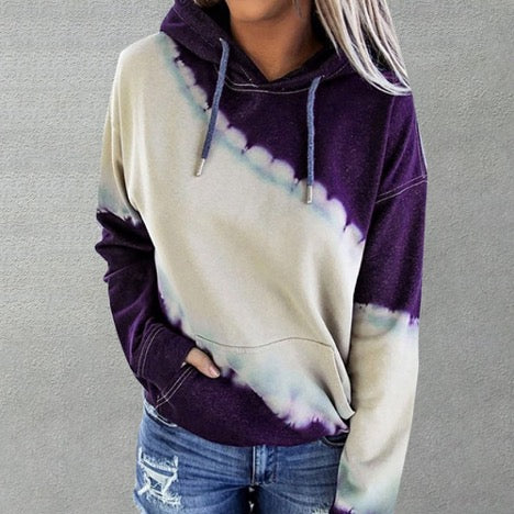 Tie Dye Color Block Drawstring Long Sleeve Hoodie Pullover