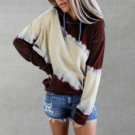 Tie Dye Color Block Drawstring Long Sleeve Hoodie Pullover